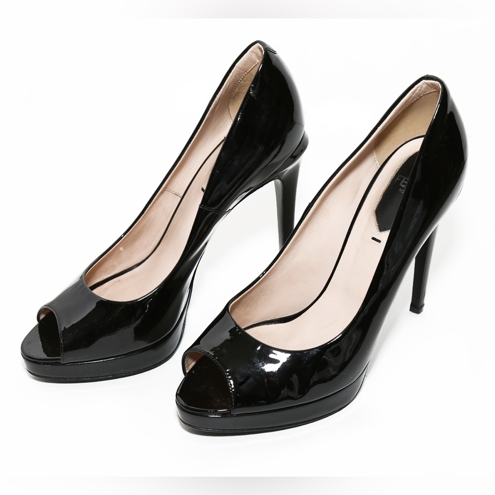 FENDI BLACK PATENT LEATHER PEEP TOE PLATFORM PUMPS SIZE 37 US SIZE 6.5